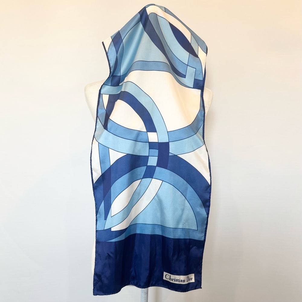 Christian Dior Vintage Silky Satin Blue Geometric Print Oblong Rectangle 44 x 14 - Picture 13 of 14